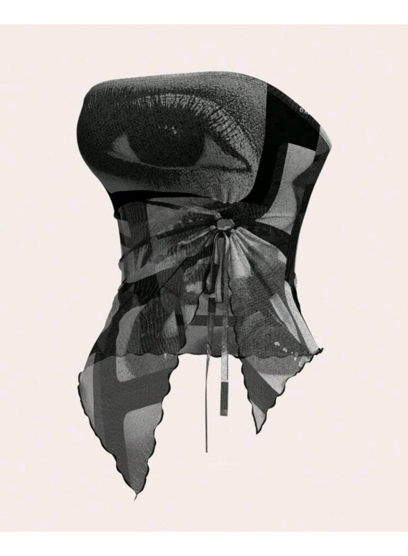 SHEIN ICON Strapless Mesh Eye Print Decorated Floral Trim Casual Vacation Top - Image 2